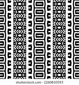 Vektorgeometrische Ornamente im ethnischen Stil. Nahtloses Muster mit abstrakten Formen, schwarz-weißer Farbe. Wiederholte Muster für Dekoration, Textilien und Stoff.