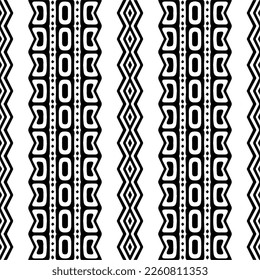 Vektorgeometrische Ornamente im ethnischen Stil. Nahtloses Muster mit abstrakten Formen, schwarz-weißer Farbe. Wiederholte Muster für Dekoration, Textilien und Stoff.