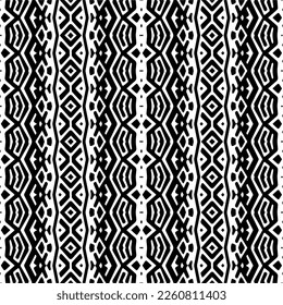 Vektorgeometrische Ornamente im ethnischen Stil. Nahtloses Muster mit abstrakten Formen, schwarz-weißer Farbe. Wiederholte Muster für Dekoration, Textilien und Stoff.