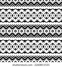 Vektorgeometrische Ornamente im ethnischen Stil. Nahtloses Muster mit abstrakten Formen, schwarz-weißer Farbe. Wiederholte Muster für Dekoration, Textilien und Stoff.