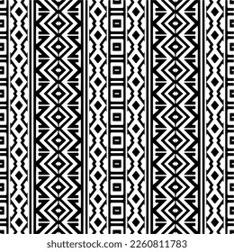 Vektorgeometrische Ornamente im ethnischen Stil. Nahtloses Muster mit abstrakten Formen, schwarz-weißer Farbe. Wiederholte Muster für Dekoration, Textilien und Stoff.