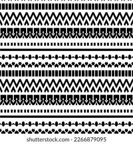 Vektorgeometrische Ornamente im ethnischen Stil. Nahtloses Muster mit abstrakten Formen, schwarz-weißer Farbe. Wiederholte Muster für Dekoration, Textilien und Stoff.