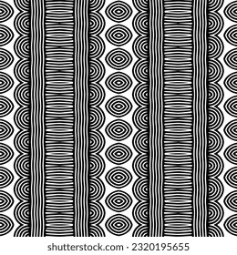 Vector geometric ornament in ethnic style. Seamless pattern with  abstract shapes. Black and white geometric  wallpaper. Repeating pattern for decor, textile and fabric. Abstraction art.