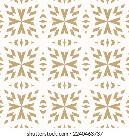 Vector geometric ornament in ethnic tribal style. Golden abstract ornamental seamless pattern. Elegant gold and white background texture with floral shapes, crosses, snowflakes, diamonds, repeat tiles