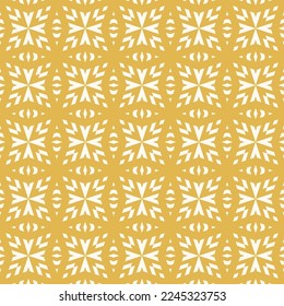 Vector geometric ornament in ethnic tribal style. Subtle abstract ornamental seamless pattern. Elegant yellow background texture with floral shapes, crosses, snowflakes, diamonds, grid, repeat tiles
