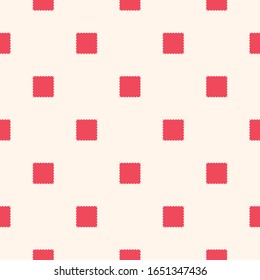 Vector geometric ornament with jagged shapes, squares, repeat tiles. Abstract seamless pattern. Simple red and white background texture. Repeatable design for decor, fabric, cloth, textile, wallpapers