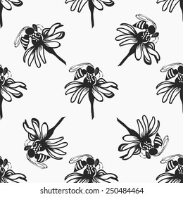 Vector, geometric ornament on a white background, depicts a flower with bee