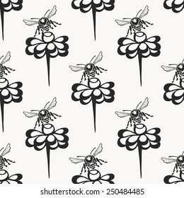 Vector, geometric ornament on a white background, depicts a flower with bee