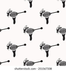 Vector, geometric ornament on a white background, depicts a bee sitting on a spoon with current honey