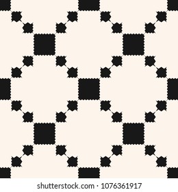 Vector geometric ornament pattern with squares, jagged shapes, grid, repeat tiles. Ornamental ethnic motif. Abstract black and white background. Simple monochrome texture. Design for decor, fabric