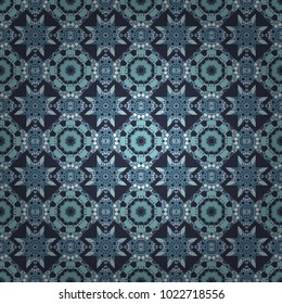 Vector geometric ornament texture with linear stars, angular geometric figures. Abstract geometric seamless pattern painted in gray, white and blue colors. For furniture, fabric, textile.