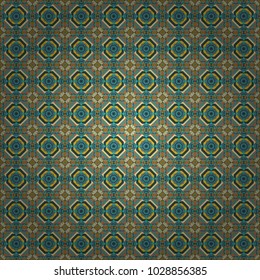 Vector geometric ornament texture with linear stars, angular geometric figures. Abstract geometric seamless pattern painted in blue, green and yellow colors. For furniture, fabric, textile.