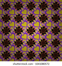 Vector geometric ornament texture with linear stars, angular geometric figures. Abstract geometric seamless pattern painted in orange, black and violet colors. For furniture, fabric, textile.