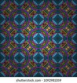 Vector geometric ornament texture with linear stars, angular geometric figures. Abstract geometric seamless pattern painted in blue, green and purple colors. For furniture, fabric, textile.