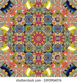 Vector geometric ornament texture with linear stars, angular geometric figures. Abstract geometric seamless pattern painted in gray, blue and orange colors. For furniture, fabric, textile.