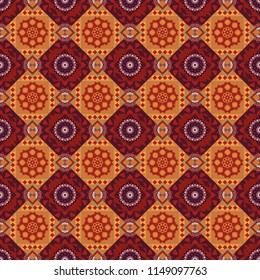 Vector geometric ornament texture with linear stars, angular geometric figures. Abstract geometric seamless pattern painted in red, orange and brown colors. For furniture, fabric, textile.
