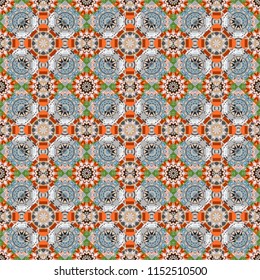 Vector geometric ornament texture with linear stars, angular geometric figures. Abstract geometric seamless pattern painted in gray, orange and blue colors. For furniture, fabric, textile.