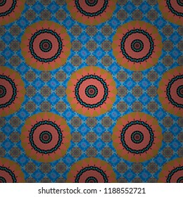 Vector geometric ornament texture with linear stars, angular geometric figures. Abstract geometric seamless pattern painted in yellow, violet and blue colors. For furniture, fabric, textile.