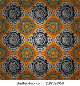 Vector geometric ornament texture with linear stars, angular geometric figures. Abstract geometric seamless pattern painted in gray, orange and blue colors. For furniture, fabric, textile.