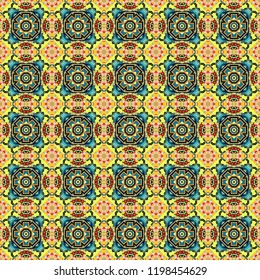 Vector geometric ornament texture with linear stars, angular geometric figures. Abstract geometric seamless pattern painted in yellow, black and orange colors. For furniture, fabric, textile.