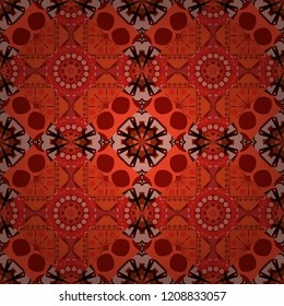 Vector geometric ornament texture with linear stars, angular geometric figures. Abstract geometric seamless pattern painted in red, orange and pink colors. For furniture, fabric, textile.