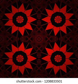 Vector geometric ornament texture with linear stars, angular geometric figures. Abstract geometric seamless pattern painted in brown, black and red colors. For furniture, fabric, textile.