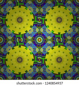 Vector geometric ornament texture with linear stars, angular geometric figures. For furniture, fabric, textile. Abstract geometric seamless pattern painted in yellow, violet and green colors.