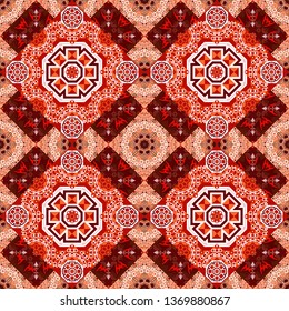 Vector geometric ornament texture with linear stars, angular geometric figures. Abstract geometric seamless pattern painted in red, white and orange colors. For furniture, fabric, textile.