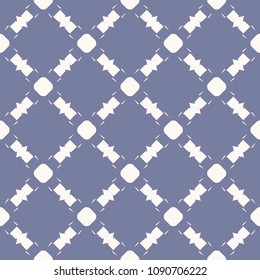 Vector geometric ornamental pattern. Abstract white and blue seamless ornament texture with grid, lattice, cross shapes, circles. Simple background, repeat tiles. Design for decoration, fabric, prints
