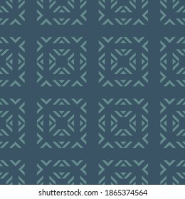 Vector geometric ornamental seamless pattern. Ethnic tribal style ornament. Abstract texture with squares, triangles, rhombuses. Folk style geometrical background. Teal color. Repeat decorative design