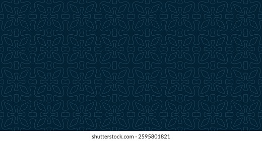 Vector geometric ornamental seamless pattern. Subtle abstract texture with flower silhouettes, leaves, crosses, grid, outline shapes, repeat tiles. Simple dark blue linear background. Minimal design