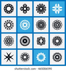 Vector geometric ornaments collection, logo icon label design elements set. Black and white symbols stylized flowers. Abstract mandala floral shapes.
