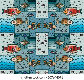 Vector geometric patchwork pattern with fish