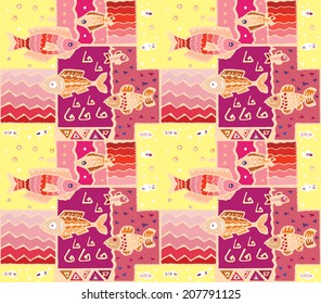 Vector geometric patchwork pattern  with fish