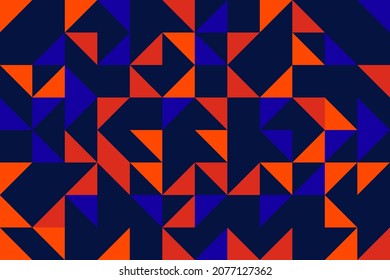Vector geometric pattern, abstract composition made with random colorful triangles on a navy blue background. Bauhaus style inspiration. Modern design for banner, poster, card. Vector EPS 10.  