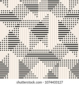 Vector geometric pattern. Abstract graphic background with lines, stripes, squares, small elements. Simple monochrome texture. Modern linear geometry background. Stylish black and white repeat design