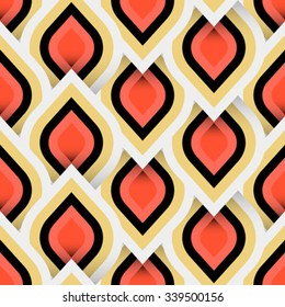 Vector geometric pattern with abstract leaf ornament in bright red gold colors. Bold geometry print in art deco style with drops Seamless background with ethnic, Arabic, Indian, Turkish, ottoman motif