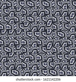 Vector geometric pattern with abstract motifs, rotating shapes. Seamless background in mid century vintage style of 1960s in black and white color. Fashion textile print with bold shapes
