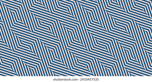 Vector geometric pattern. Abstract seamless striped background. Simple blue and beige graphic texture with chevron, diagonal broken lines, stripes. Optical art. Funky repeat design for decor, fabric