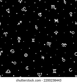 Vector geometric pattern with alchemy symbols and shapes in medium size. Abstract occult and mystic signs. Back of tarot cards design in black and white colors. Magic print and astrology background 