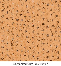 Vector geometric pattern with alchemy symbols and shapes. Small abstract occult, mystic signs on vintage paper. Back of tarot cards design. Magic print and astrology background. Ancient manuscript