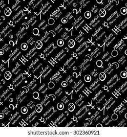 Vector geometric pattern with alchemy symbols, shapes, planets logos and names. White abstract occult and mystic signs on black. Tarot cards back design. Magic print and astrology background. Diagonal