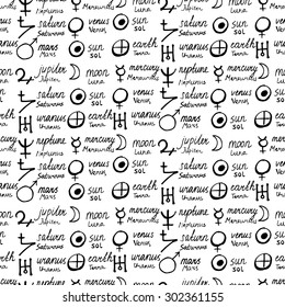 Vector geometric pattern with alchemy symbols, shapes, hand written planets name. Occult, mystic black signs on white. Tarot cards back design. Magic print and astrology background. Ancient manuscript