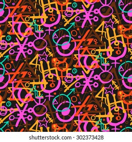 Vector geometric pattern with alchemy symbols and shapes in big size. Hand drawn abstract occult and mystic signs. Back of tarot cards design in bright colors. Magic print and astrology background