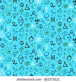 Vector geometric pattern with alchemy symbols and shapes. Hand drawn occult and mystic signs. Tarot cards back design in aqua blue color. Magic print and astrology background Modern ancient manuscript