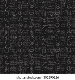 Vector geometric pattern with alchemy symbols, shapes, planets logos and names hand written in chalk. Abstract occult and mystic signs. Tarot cards back design. Magic print and astrology background.