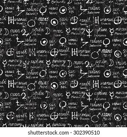 Vector geometric pattern with alchemy symbols, shapes, planets logos and names hand written in white and black. Occult and mystic signs. Tarot cards back design. Magic print and astrology background.