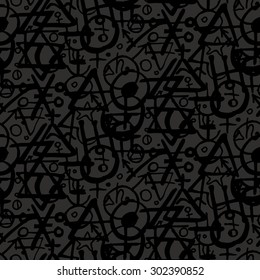 Vector geometric pattern with alchemy symbols, shapes and planets logos in big size. Abstract occult and mystic signs on black. Tarot cards back design. Dark magic print and astrology background.