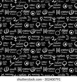 Vector geometric pattern with alchemy symbols, shapes, planets logos and names hand written in white and black. Occult and mystic signs. Tarot cards back design. Magic print and astrology background.