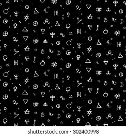 Vector geometric pattern with alchemy symbols, shapes and planets logos in small size. Abstract occult and mystic signs in black and white Tarot cards back design. Magic print and astrology background